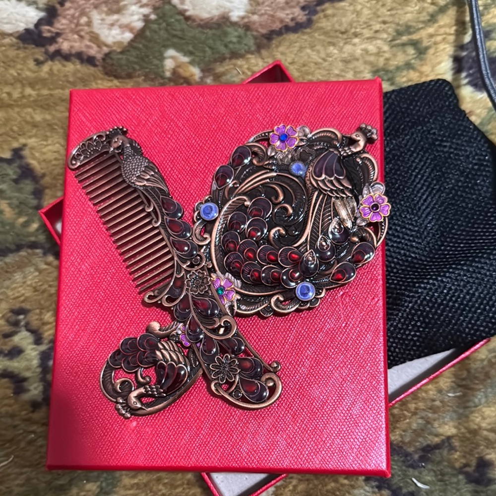 Elegant Bronze Hair Comb and Mirror Set